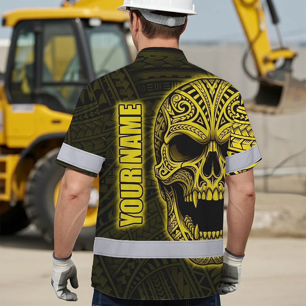 Hi Vis Hawaiian Shirt Reflective Tapes Yellow Neon Polynesian Half Skull Custom Name Safety Workwear For Workers, Truckers, Operators