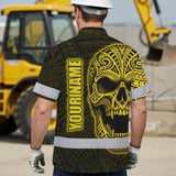 Hi Vis Hawaiian Shirt Reflective Tapes Yellow Neon Polynesian Half Skull Custom Name Safety Workwear For Workers, Truckers, Operators