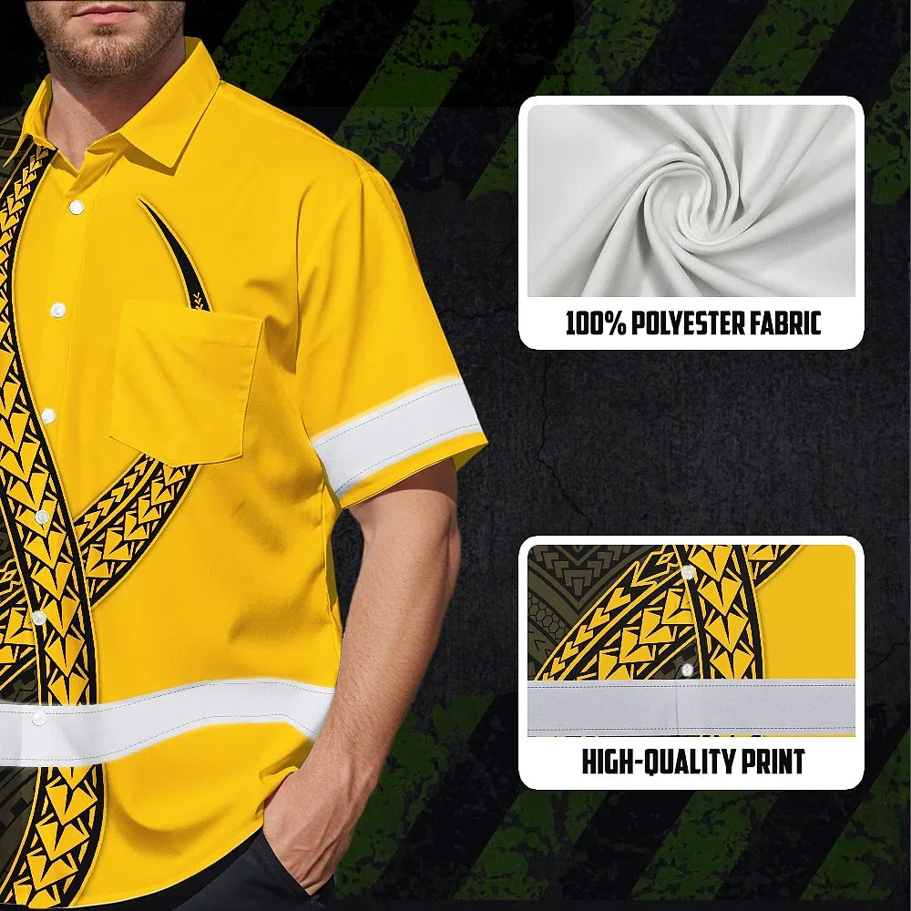 Hi Vis Hawaiian Shirt Reflective Tapes Yellow Neon Polynesian Turtle Custom Name Safety Workwear For Workers, Truckers, Operators