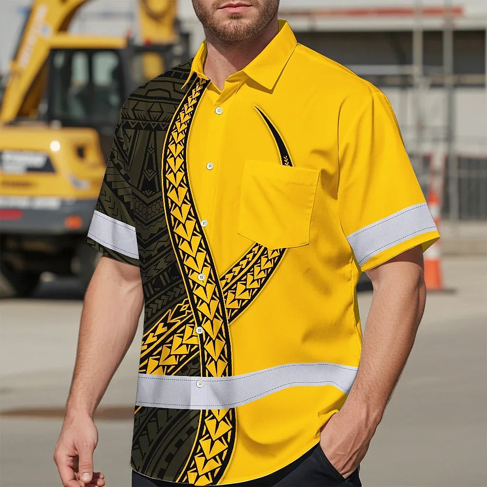 Hi Vis Hawaiian Shirt Reflective Tapes Yellow Neon Polynesian Turtle Custom Name Safety Workwear For Workers, Truckers, Operators