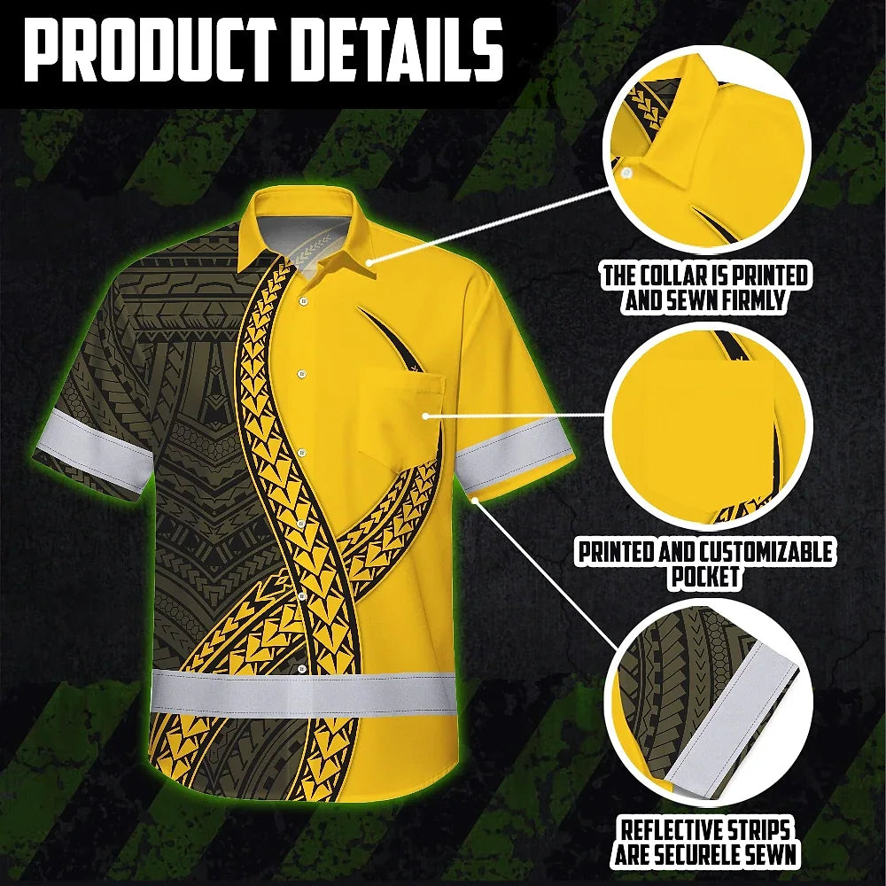 Hi Vis Hawaiian Shirt Reflective Tapes Yellow Neon Polynesian Turtle Custom Name Safety Workwear For Workers, Truckers, Operators