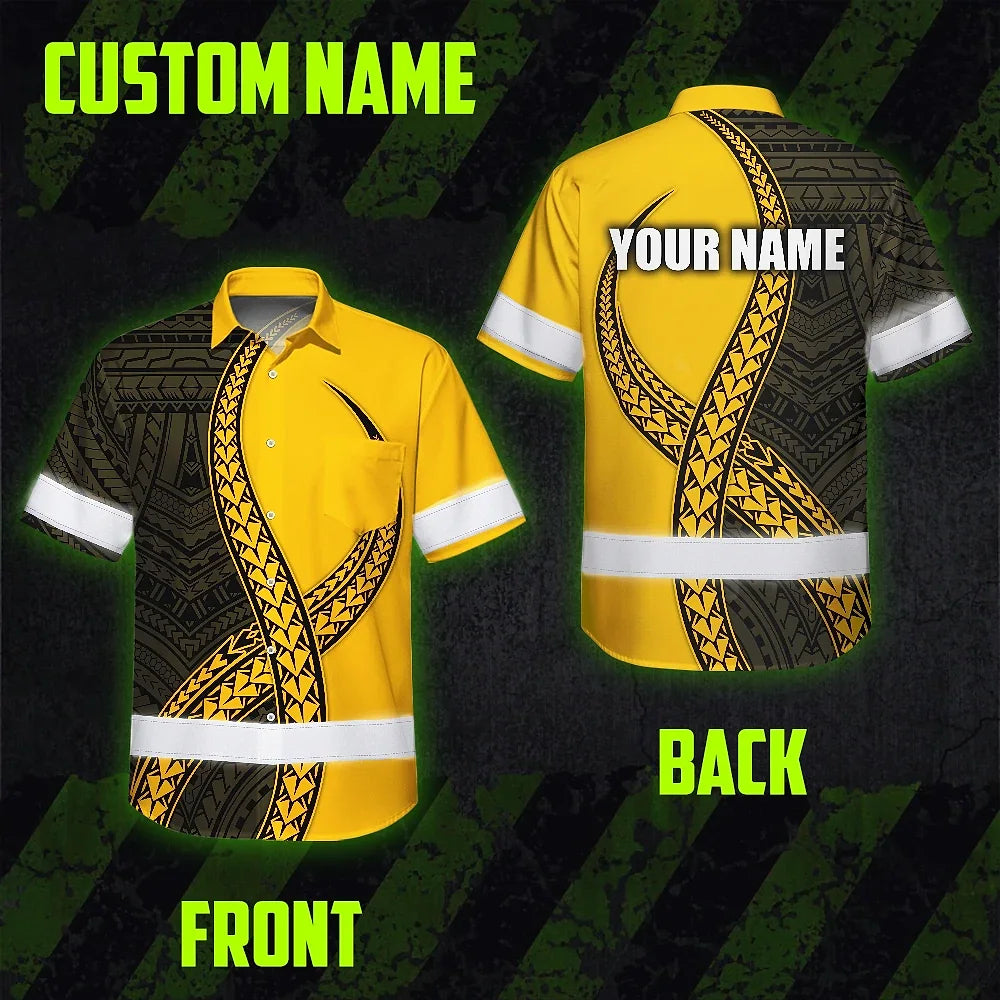 Hi Vis Hawaiian Shirt Reflective Tapes Yellow Neon Polynesian Turtle Custom Name Safety Workwear For Workers, Truckers, Operators