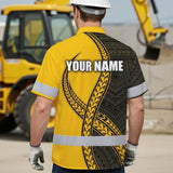 Hi Vis Hawaiian Shirt Reflective Tapes Yellow Neon Polynesian Turtle Custom Name Safety Workwear For Workers, Truckers, Operators