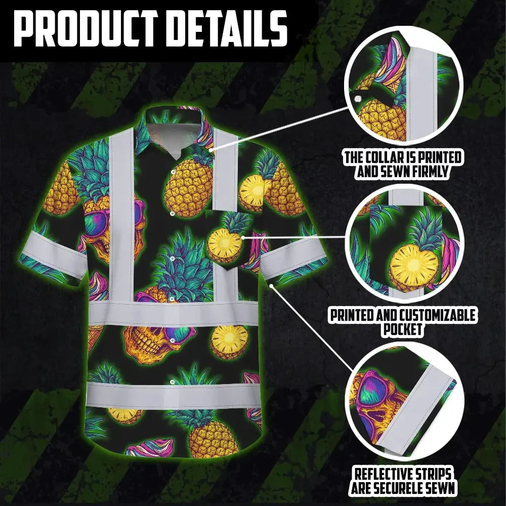 Choose Pack Hi Vis Hawaiian Shirt Reflective Tapes Yellow Neon Skull Custom Name Safety Workwear For Workers, Truckers, Operators