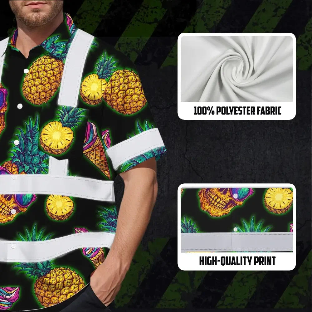 Choose Pack Hi Vis Hawaiian Shirt Reflective Tapes Yellow Neon Skull Custom Name Safety Workwear For Workers, Truckers, Operators
