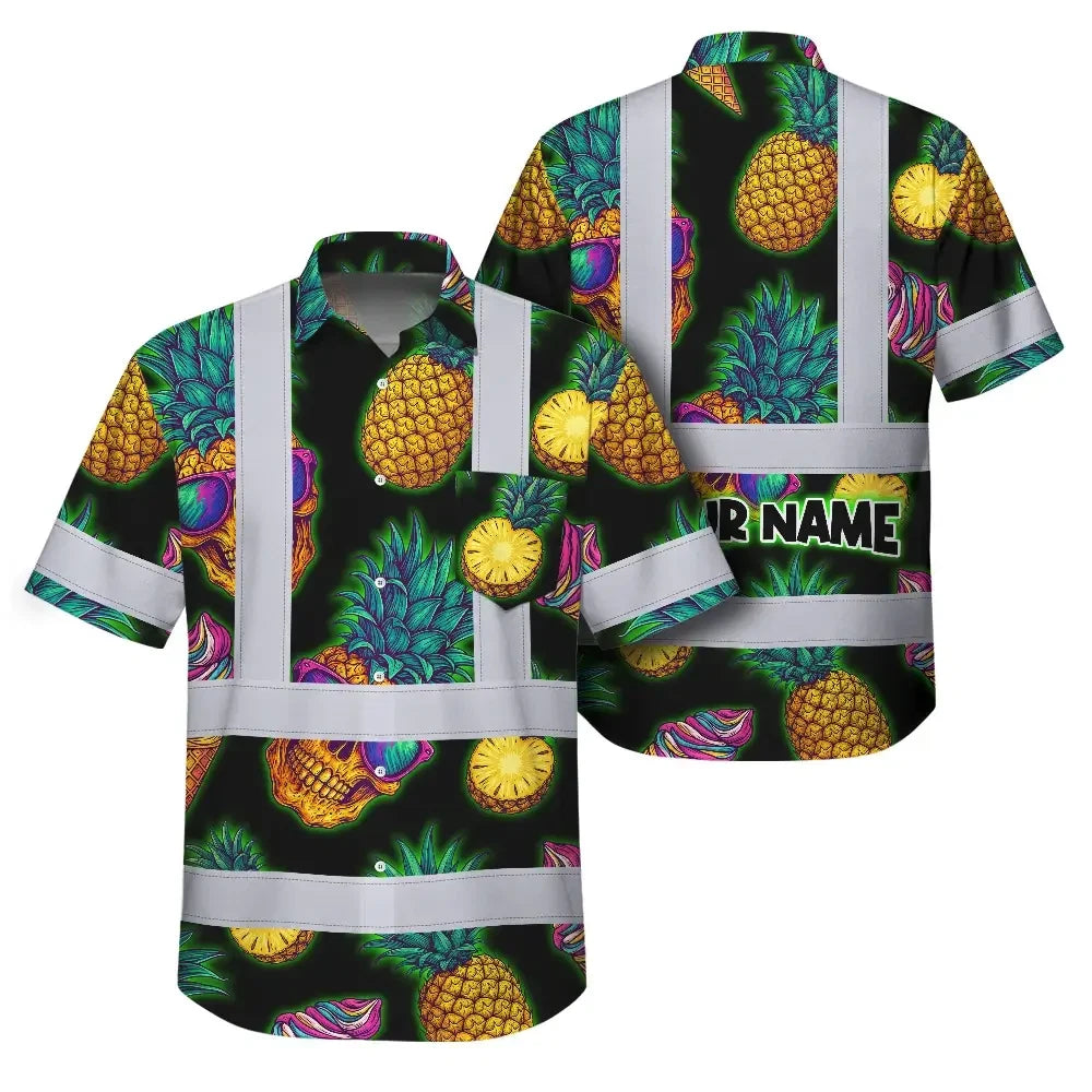 Choose Pack Hi Vis Hawaiian Shirt Reflective Tapes Yellow Neon Skull Custom Name Safety Workwear For Workers, Truckers, Operators