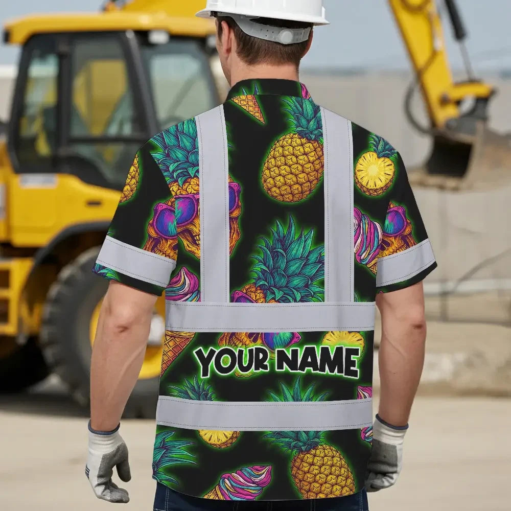 Choose Pack Hi Vis Hawaiian Shirt Reflective Tapes Yellow Neon Skull Custom Name Safety Workwear For Workers, Truckers, Operators