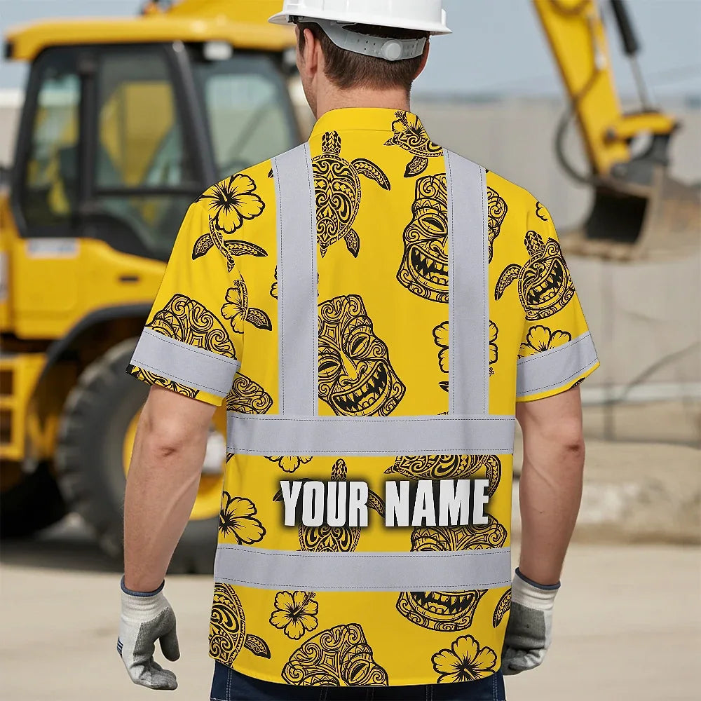 Hi Vis Hawaiian Shirt Reflective Tapes Yellow Neon Tiki Custom Name Safety Workwear For Workers, Truckers, Operators