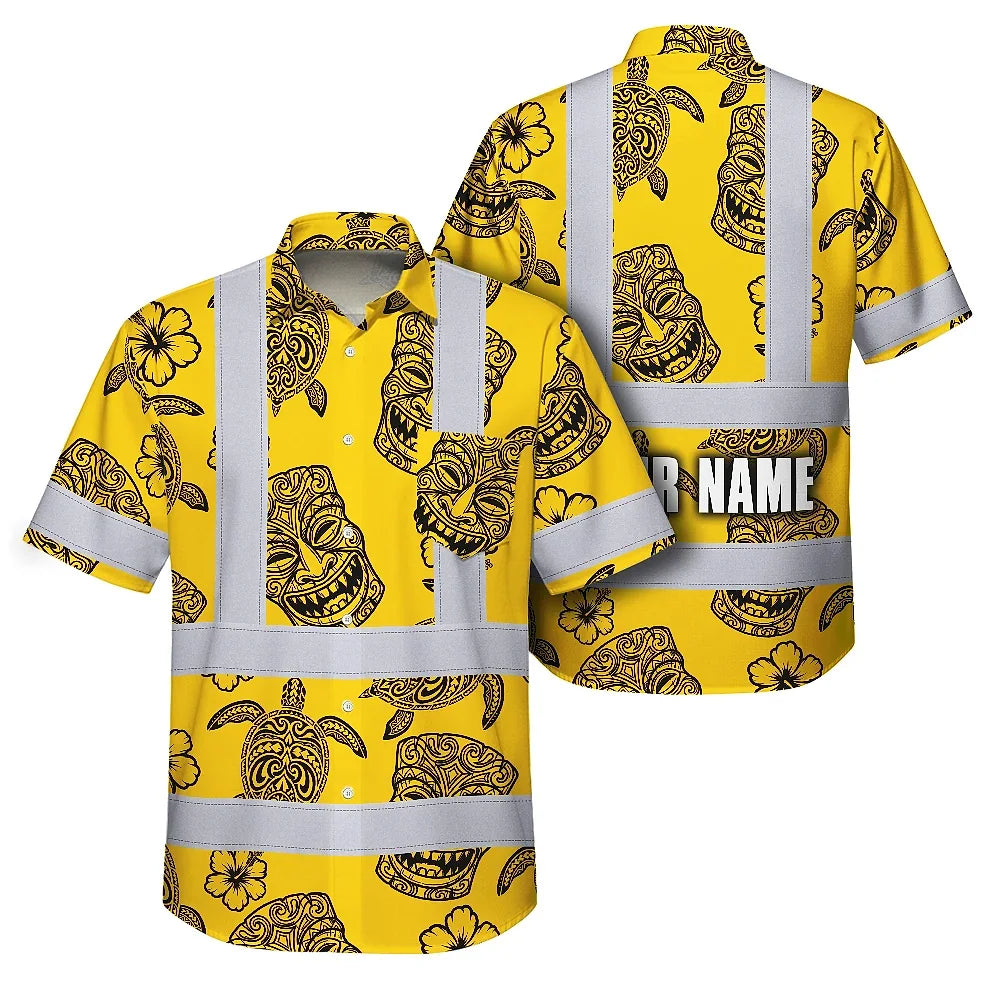 Hi Vis Hawaiian Shirt Reflective Tapes Yellow Neon Tiki Custom Name Safety Workwear For Workers, Truckers, Operators