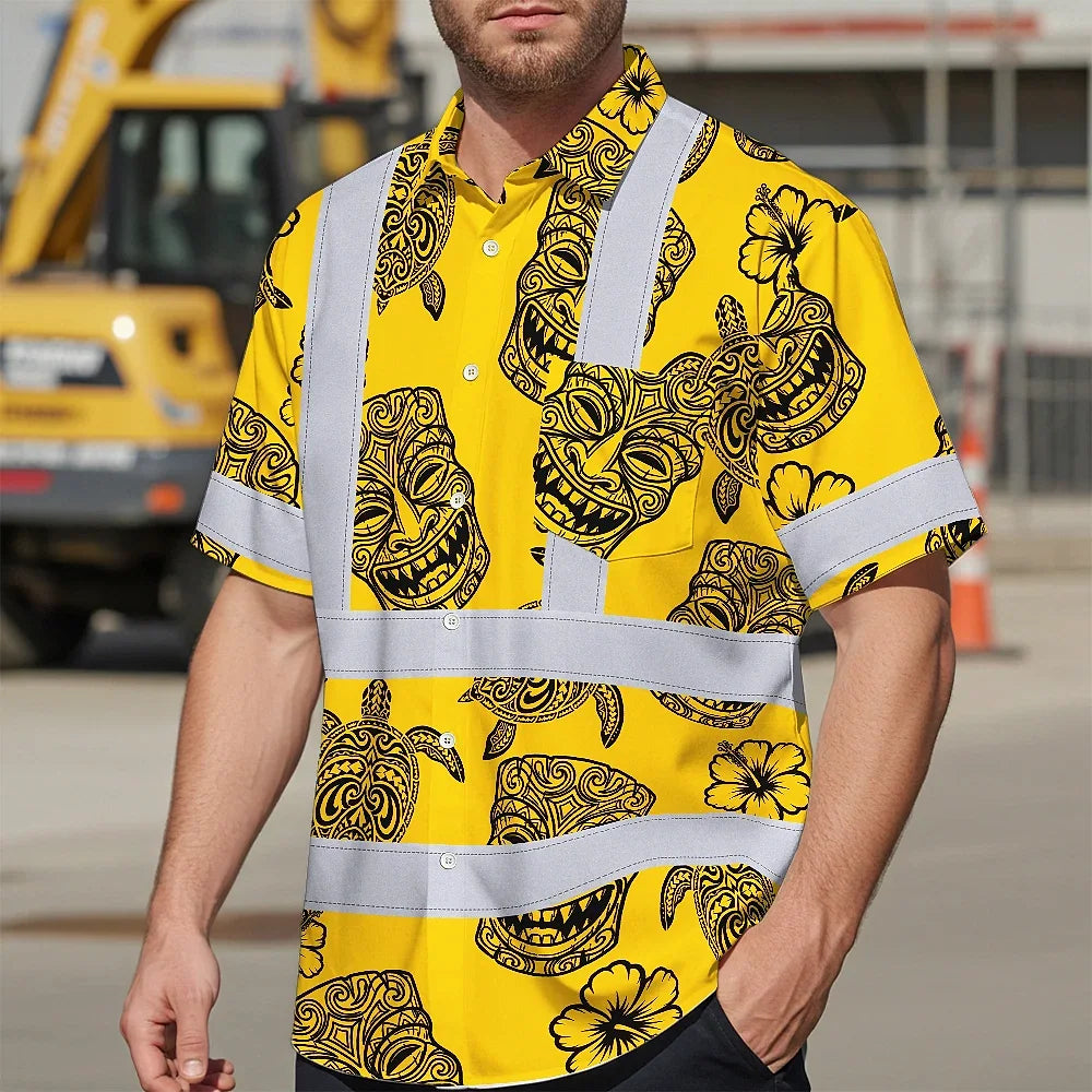 Hi Vis Hawaiian Shirt Reflective Tapes Yellow Neon Tiki Custom Name Safety Workwear For Workers, Truckers, Operators