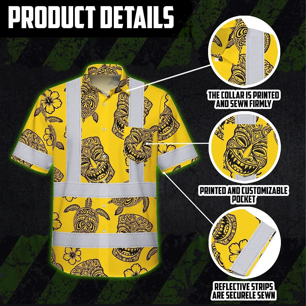 Hi Vis Hawaiian Shirt Reflective Tapes Yellow Neon Tiki Custom Name Safety Workwear For Workers, Truckers, Operators