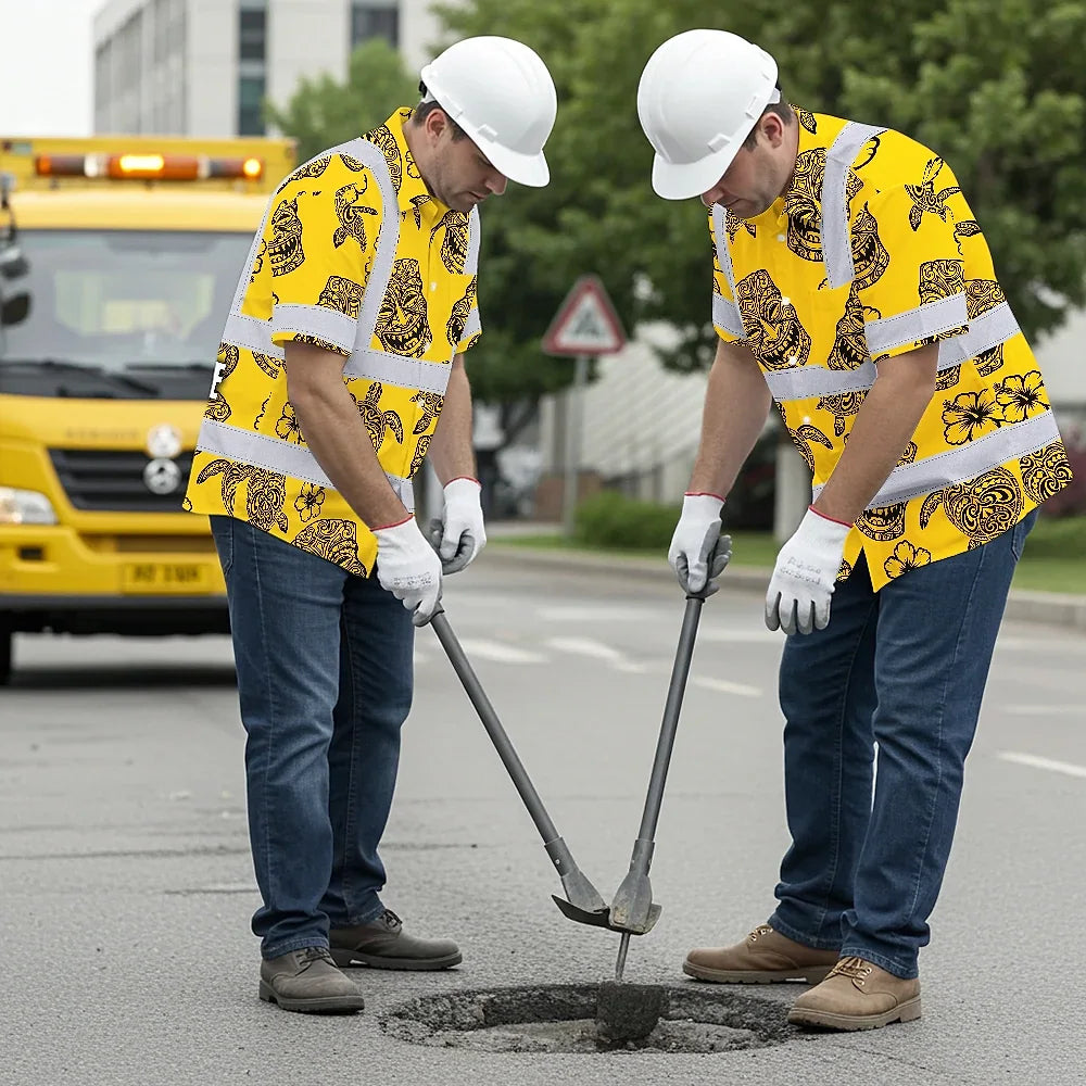 Hi Vis Hawaiian Shirt Reflective Tapes Yellow Neon Tiki Custom Name Safety Workwear For Workers, Truckers, Operators