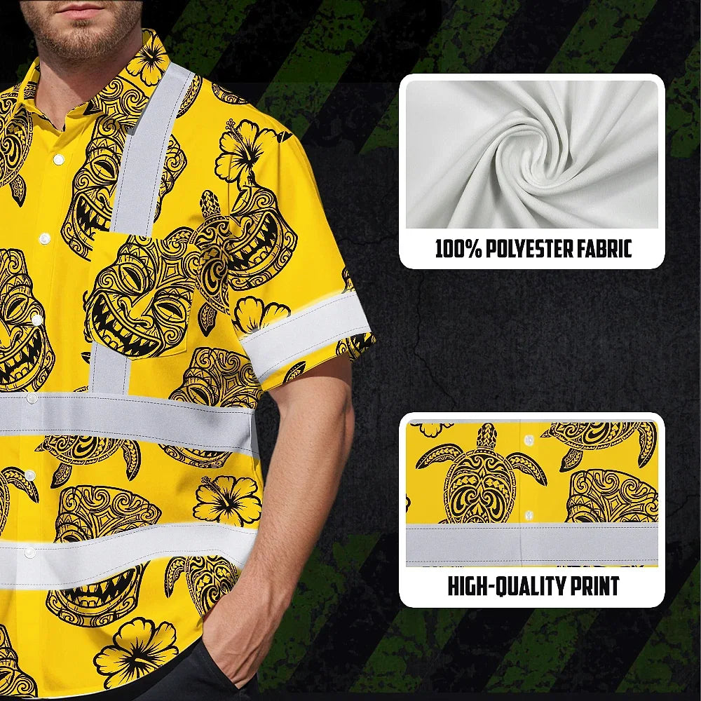 Hi Vis Hawaiian Shirt Reflective Tapes Yellow Neon Tiki Custom Name Safety Workwear For Workers, Truckers, Operators