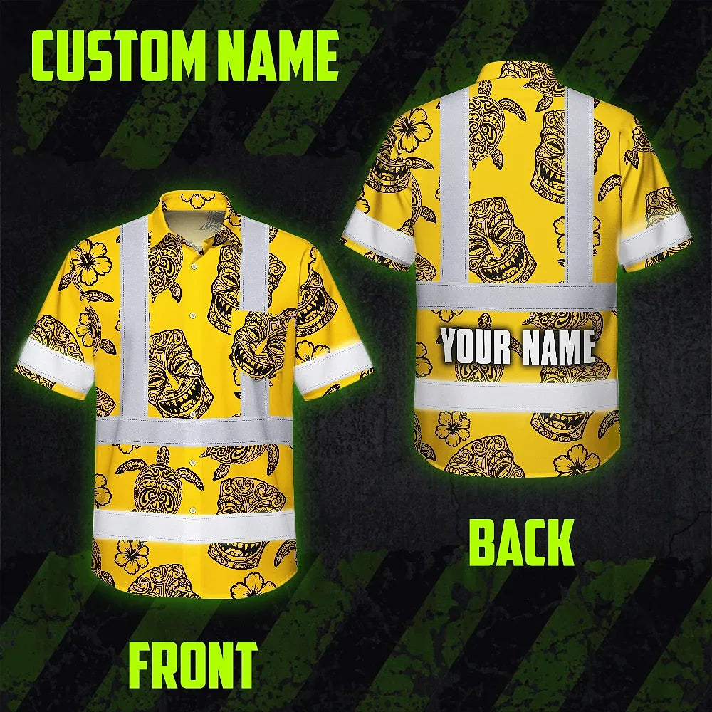 Hi Vis Hawaiian Shirt Reflective Tapes Yellow Neon Tiki Custom Name Safety Workwear For Workers, Truckers, Operators