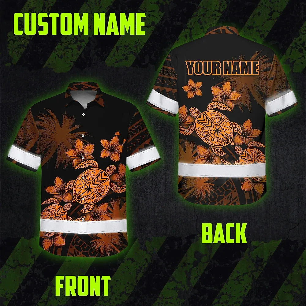 Hi Vis Hawaiian Shirt Reflective Tapes Yellow Neon Turtle Polynesian Tribal Custom Name Safety Workwear For Workers, Truckers, Operators