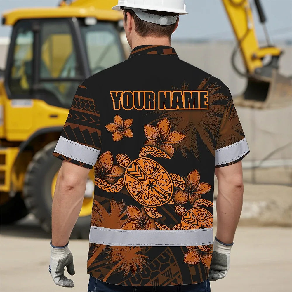 Hi Vis Hawaiian Shirt Reflective Tapes Yellow Neon Turtle Polynesian Tribal Custom Name Safety Workwear For Workers, Truckers, Operators