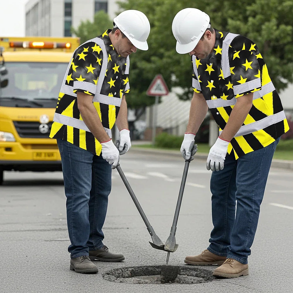 Hi Vis Hawaiian Shirt Reflective Tapes Yellow Neon US Flag Custom Name Safety Workwear For Workers, Truckers, Operators
