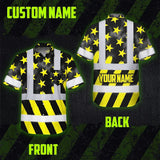 Hi Vis Hawaiian Shirt Reflective Tapes Yellow Neon US Flag Custom Name Safety Workwear For Workers, Truckers, Operators