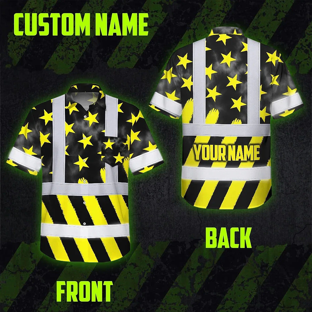Hi Vis Hawaiian Shirt Reflective Tapes Yellow Neon US Flag Custom Name Safety Workwear For Workers, Truckers, Operators