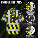 Hi Vis Hawaiian Shirt Reflective Tapes Yellow Neon US Flag Custom Name Safety Workwear For Workers, Truckers, Operators