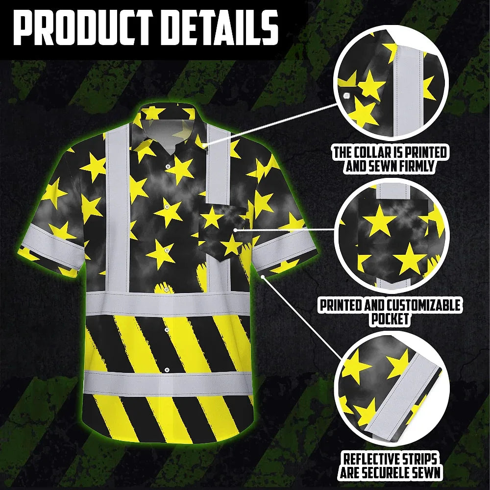 Hi Vis Hawaiian Shirt Reflective Tapes Yellow Neon US Flag Custom Name Safety Workwear For Workers, Truckers, Operators
