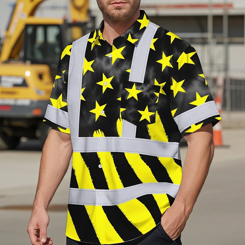 Hi Vis Hawaiian Shirt Reflective Tapes Yellow Neon US Flag Custom Name Safety Workwear For Workers, Truckers, Operators