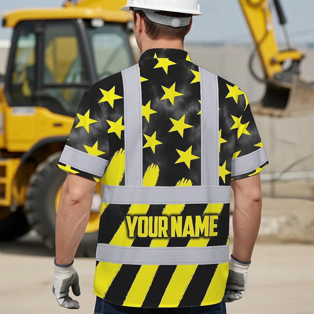 Hi Vis Hawaiian Shirt Reflective Tapes Yellow Neon US Flag Custom Name Safety Workwear For Workers, Truckers, Operators