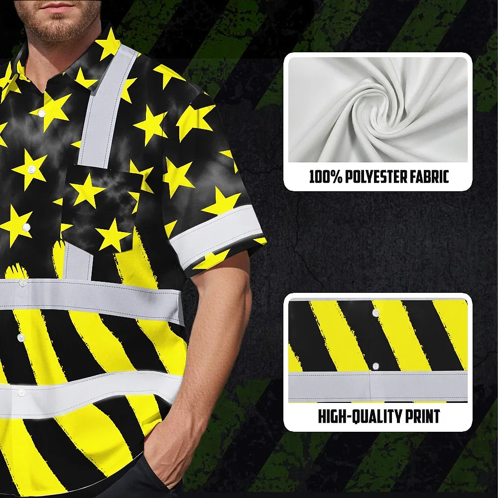 Hi Vis Hawaiian Shirt Reflective Tapes Yellow Neon US Flag Custom Name Safety Workwear For Workers, Truckers, Operators