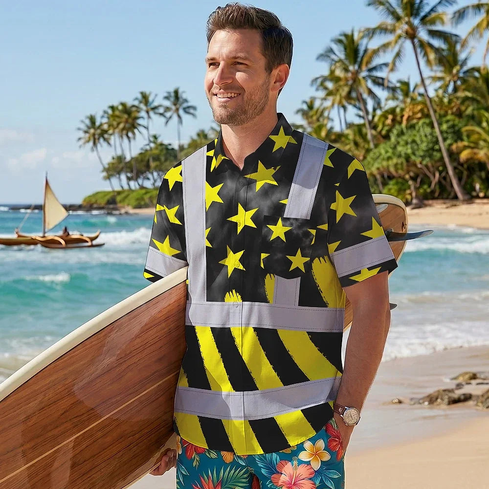 Hi Vis Hawaiian Shirt Reflective Tapes Yellow Neon US Flag Custom Name Safety Workwear For Workers, Truckers, Operators