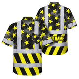 Hi Vis Hawaiian Shirt Reflective Tapes Yellow Neon US Flag Custom Name Safety Workwear For Workers, Truckers, Operators