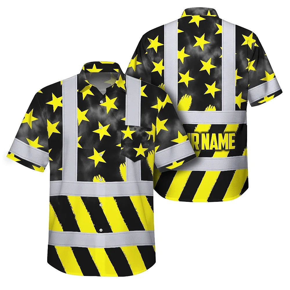 Hi Vis Hawaiian Shirt Reflective Tapes Yellow Neon US Flag Custom Name Safety Workwear For Workers, Truckers, Operators
