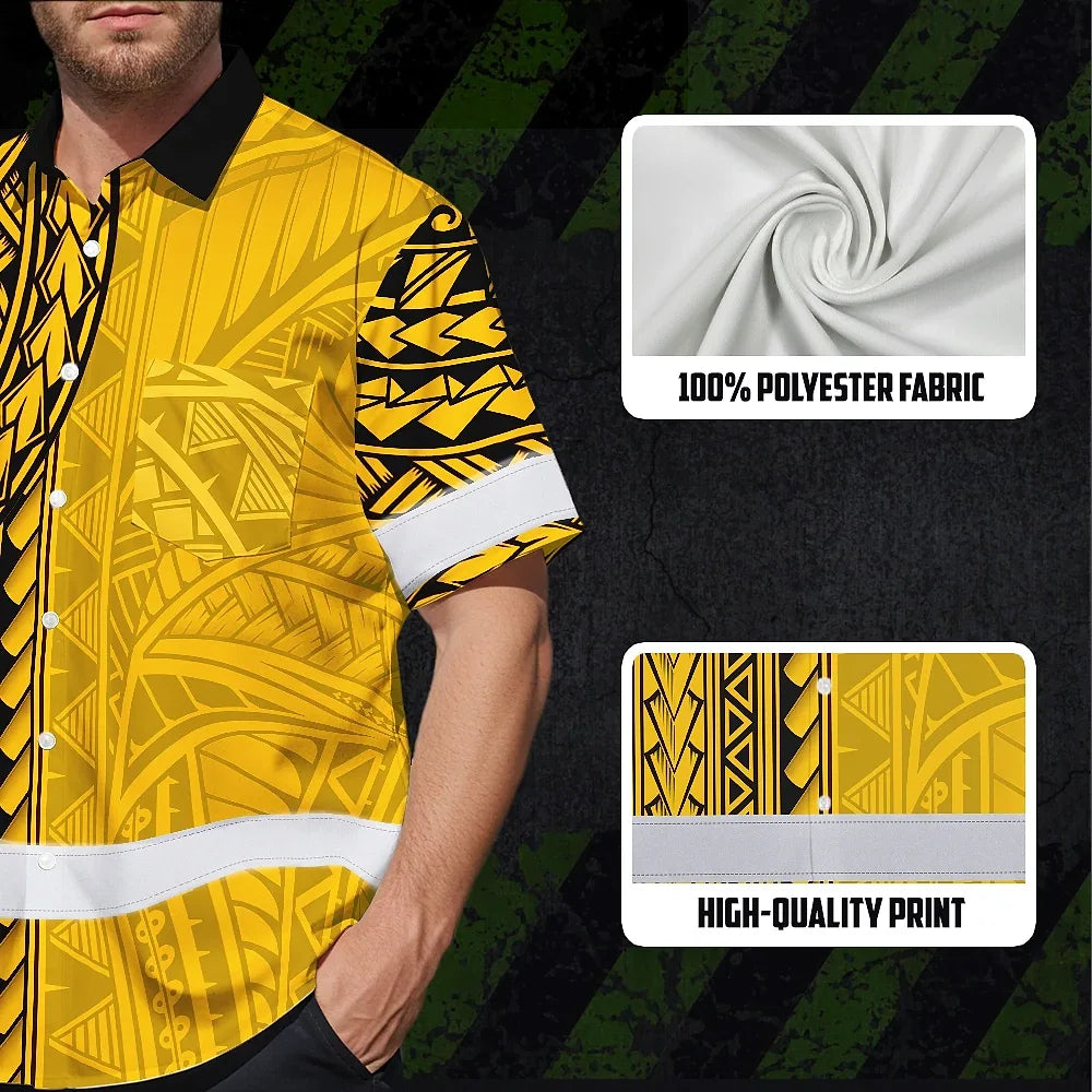 Hi Vis Hawaiian Shirt Reflective Tapes Yellow Polynesian Custom Name Safety Workwear For Workers, Truckers, Operators