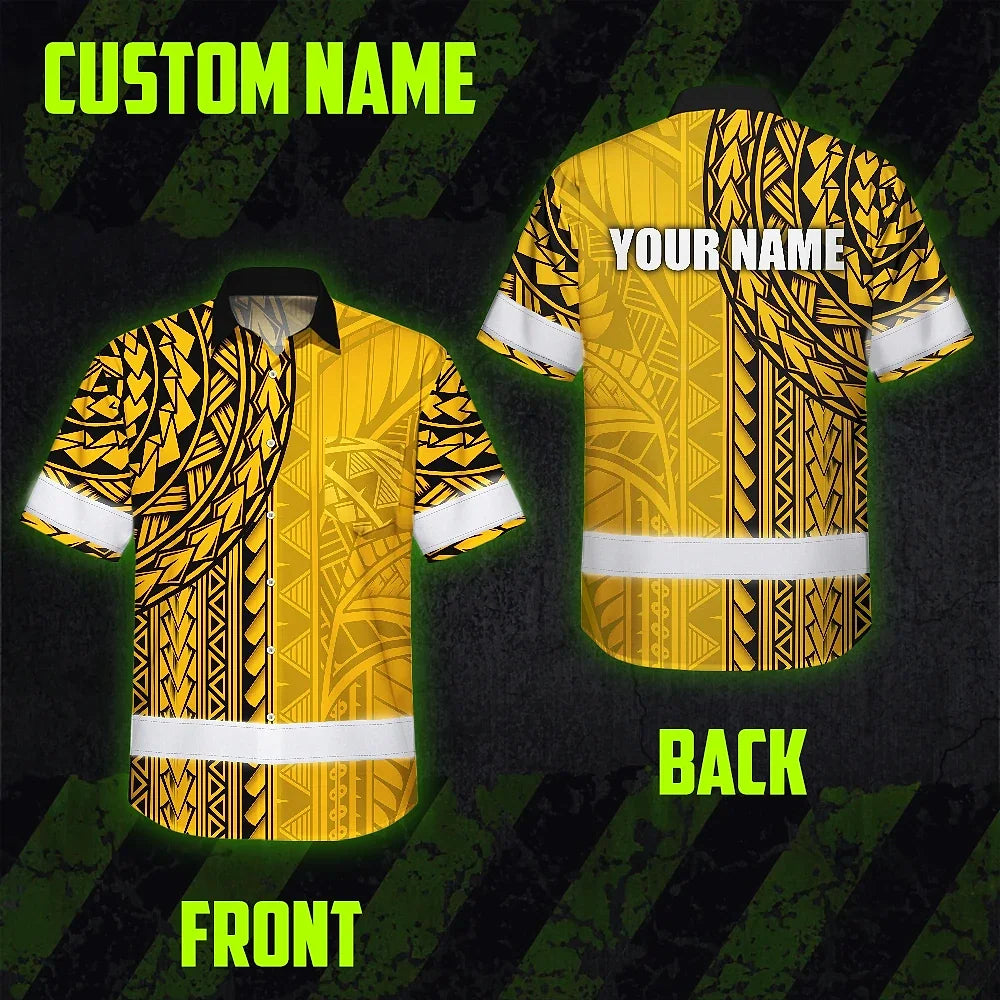 Hi Vis Hawaiian Shirt Reflective Tapes Yellow Polynesian Custom Name Safety Workwear For Workers, Truckers, Operators