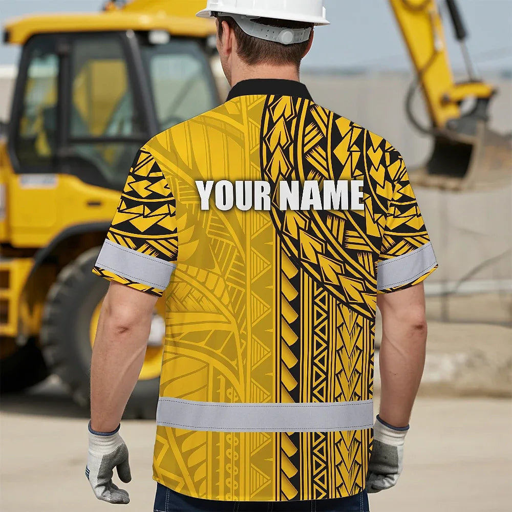 Hi Vis Hawaiian Shirt Reflective Tapes Yellow Polynesian Custom Name Safety Workwear For Workers, Truckers, Operators
