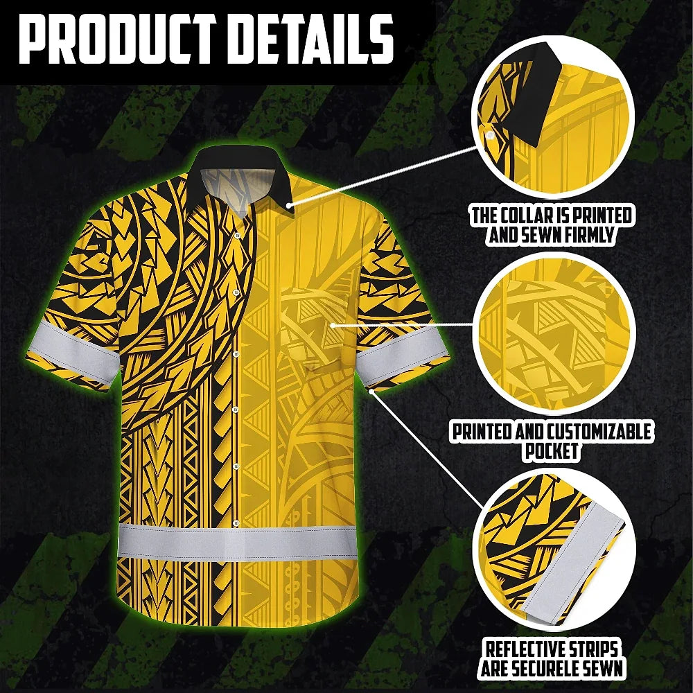 Hi Vis Hawaiian Shirt Reflective Tapes Yellow Polynesian Custom Name Safety Workwear For Workers, Truckers, Operators