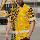Hi Vis Hawaiian Shirt Reflective Tapes Yellow Polynesian Custom Name Safety Workwear For Workers, Truckers, Operators
