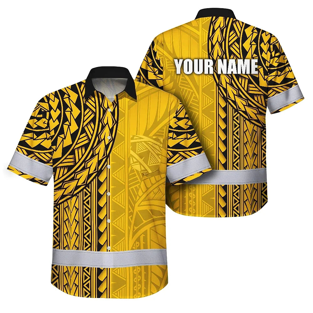 Hi Vis Hawaiian Shirt Reflective Tapes Yellow Polynesian Custom Name Safety Workwear For Workers, Truckers, Operators