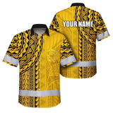 Hi Vis Hawaiian Shirt Reflective Tapes Yellow Polynesian Custom Name Safety Workwear For Workers, Truckers, Operators