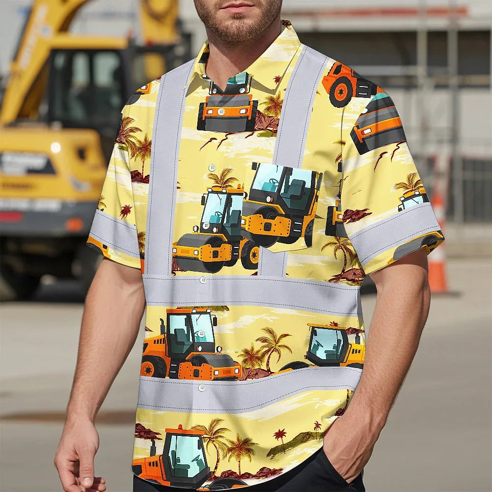 Hi Vis Hawaiian Shirt Reflective Tapes Yellow Road Roller Custom Name Safety Workwear For Workers, Truckers, Operators