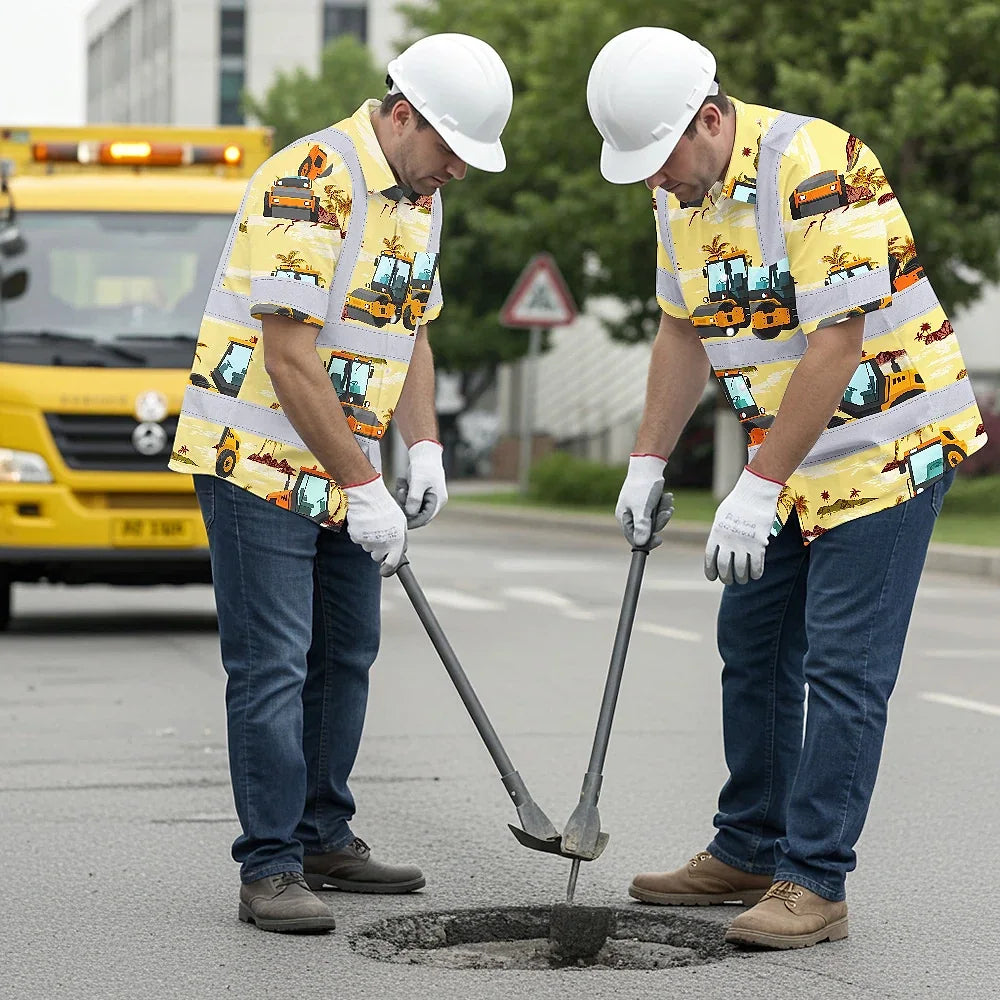 Hi Vis Hawaiian Shirt Reflective Tapes Yellow Road Roller Custom Name Safety Workwear For Workers, Truckers, Operators
