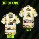 Hi Vis Hawaiian Shirt Reflective Tapes Yellow Road Roller Custom Name Safety Workwear For Workers, Truckers, Operators