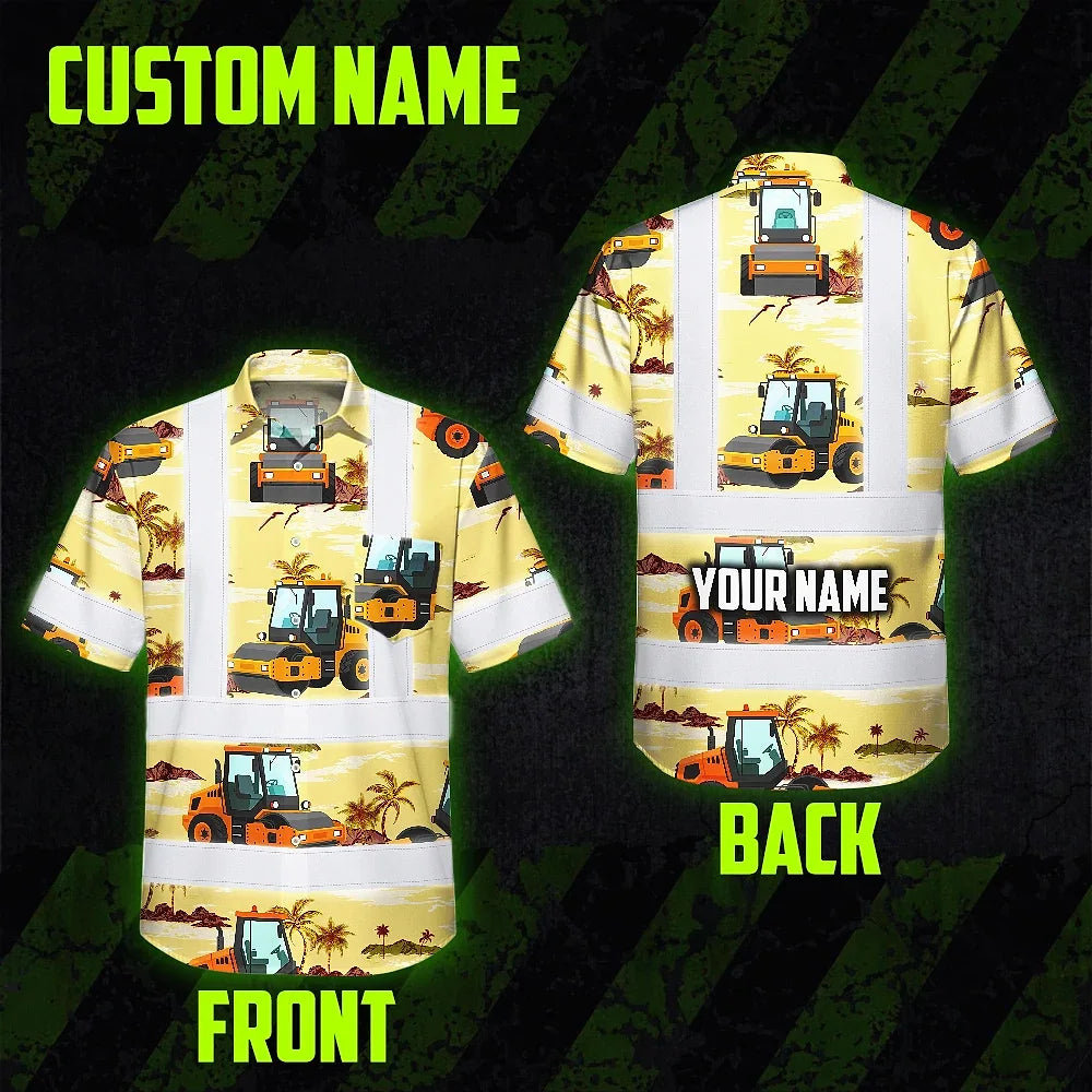 Hi Vis Hawaiian Shirt Reflective Tapes Yellow Road Roller Custom Name Safety Workwear For Workers, Truckers, Operators