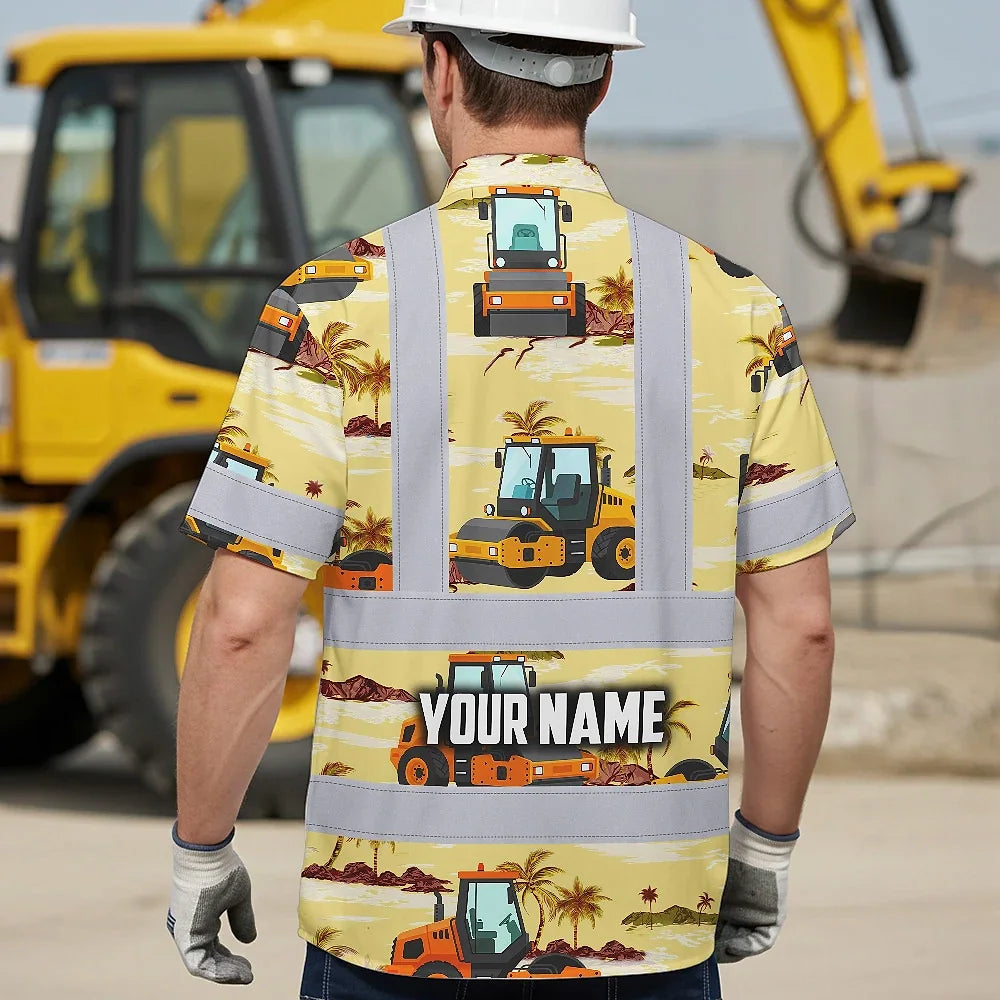 Hi Vis Hawaiian Shirt Reflective Tapes Yellow Road Roller Custom Name Safety Workwear For Workers, Truckers, Operators