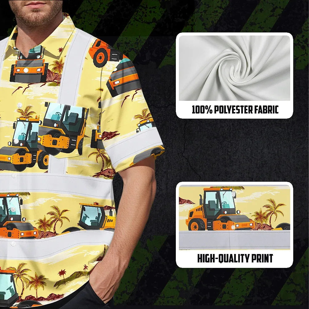 Hi Vis Hawaiian Shirt Reflective Tapes Yellow Road Roller Custom Name Safety Workwear For Workers, Truckers, Operators