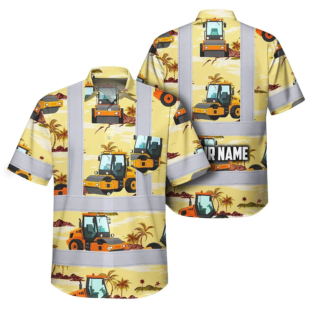 Hi Vis Hawaiian Shirt Reflective Tapes Yellow Road Roller Custom Name Safety Workwear For Workers, Truckers, Operators