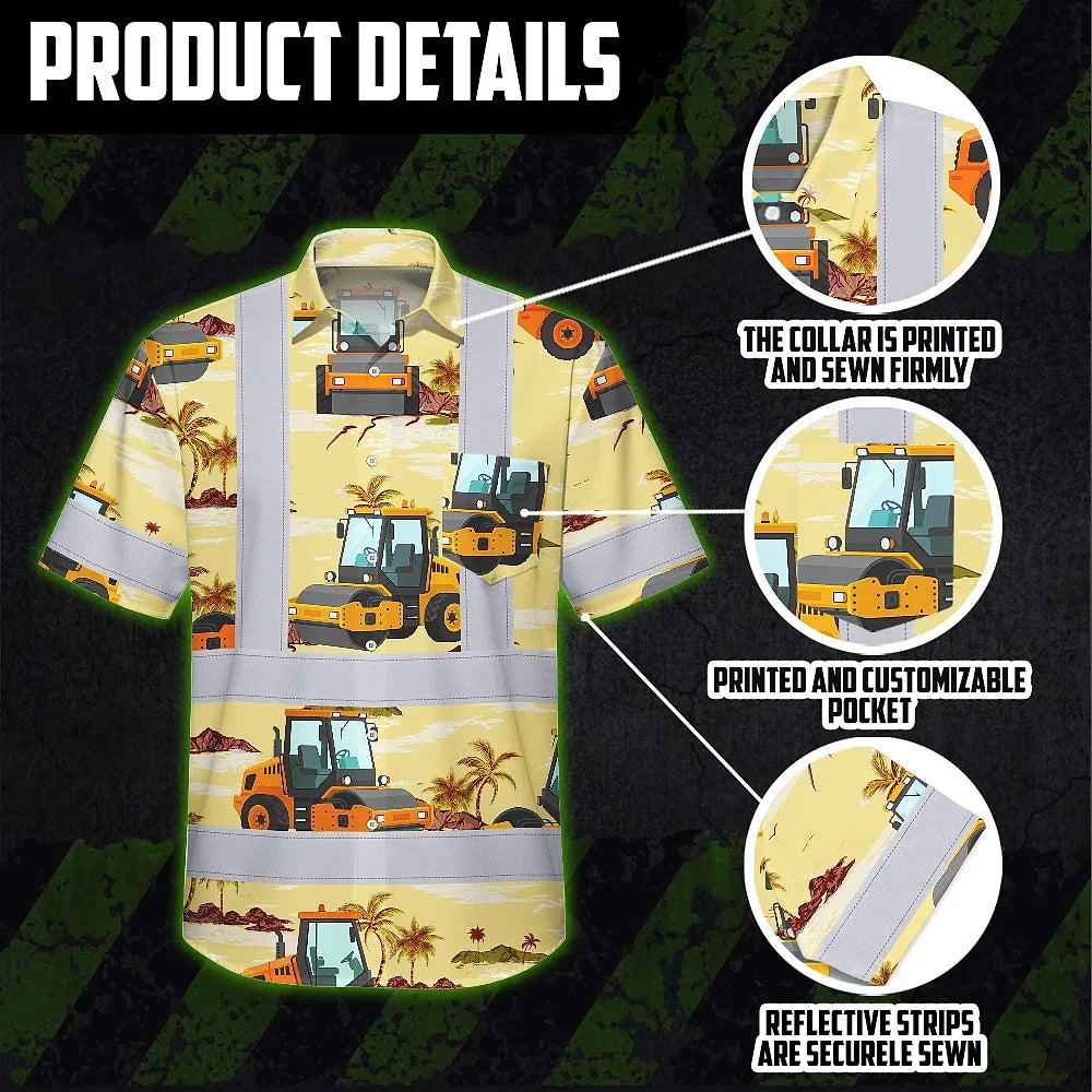 Hi Vis Hawaiian Shirt Reflective Tapes Yellow Road Roller Custom Name Safety Workwear For Workers, Truckers, Operators
