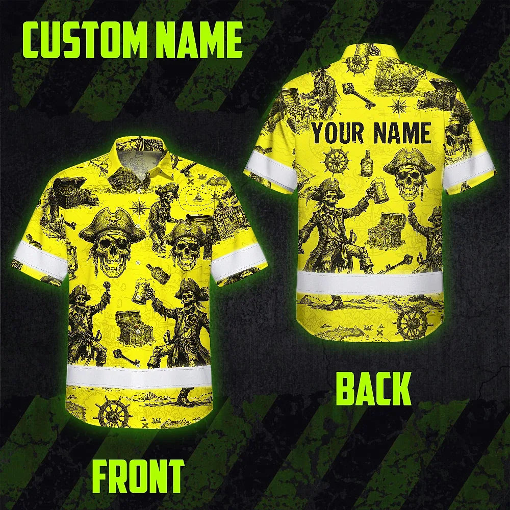 Hi Vis Hawaiian Shirt Reflective Tapes Yellow Skull Boat Custom Name Safety Workwear For Workers, Truckers, Operators