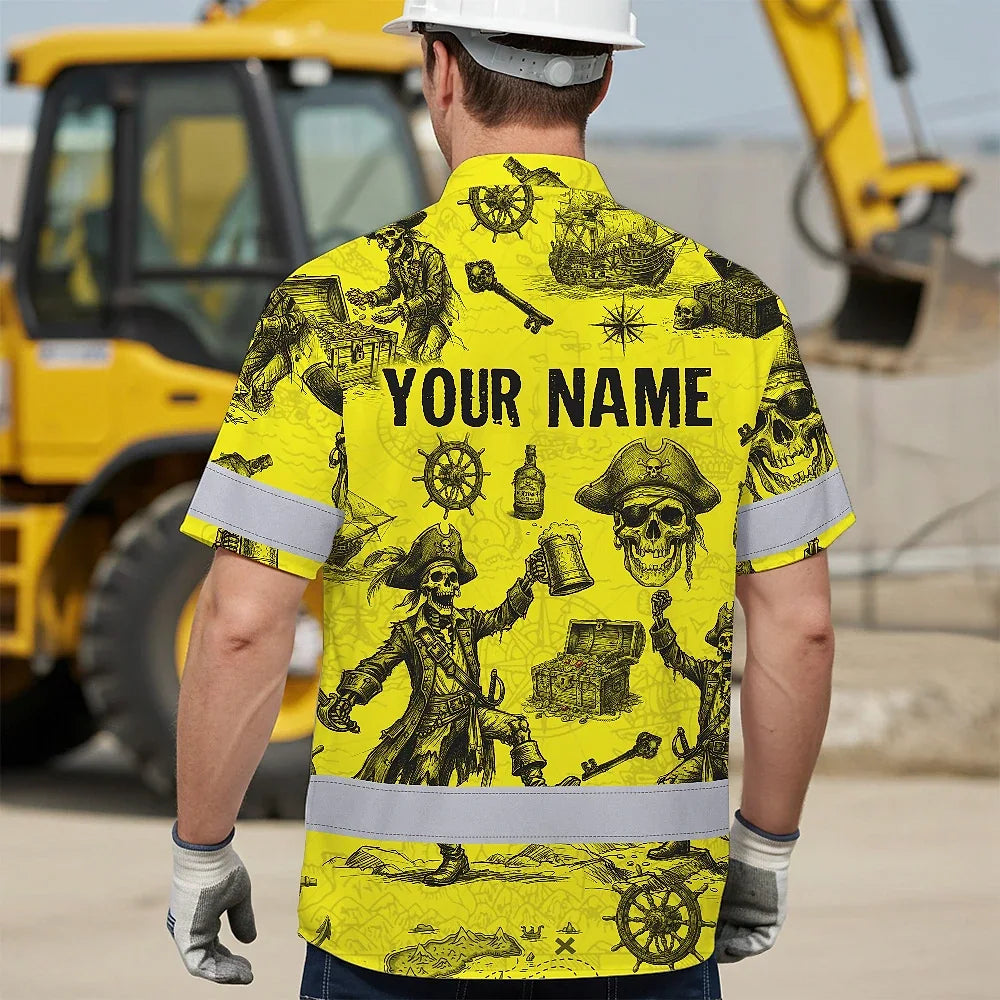 Hi Vis Hawaiian Shirt Reflective Tapes Yellow Skull Boat Custom Name Safety Workwear For Workers, Truckers, Operators