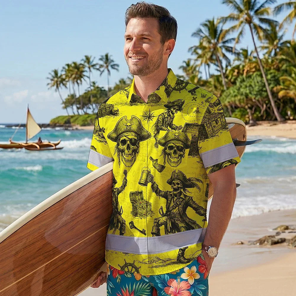 Hi Vis Hawaiian Shirt Reflective Tapes Yellow Skull Boat Custom Name Safety Workwear For Workers, Truckers, Operators