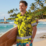 Hi Vis Hawaiian Shirt Reflective Tapes Yellow Skull Boat Custom Name Safety Workwear For Workers, Truckers, Operators